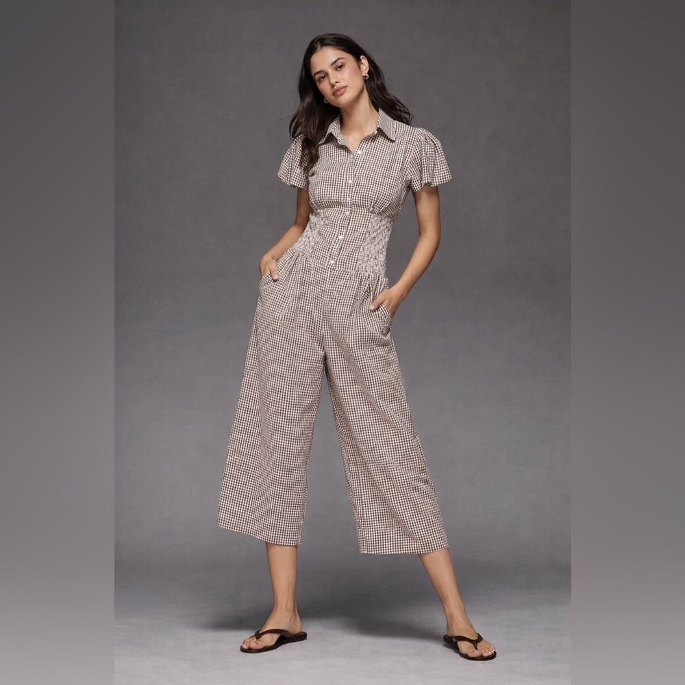 Maeve Brown Gingham Short-Sleeve Jumpsuit